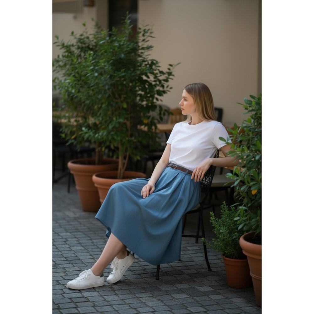 Tulip B Blue Pleated Midi Skirt Belt Pockets Lined Size Medium NEW - Picture 3 of 9